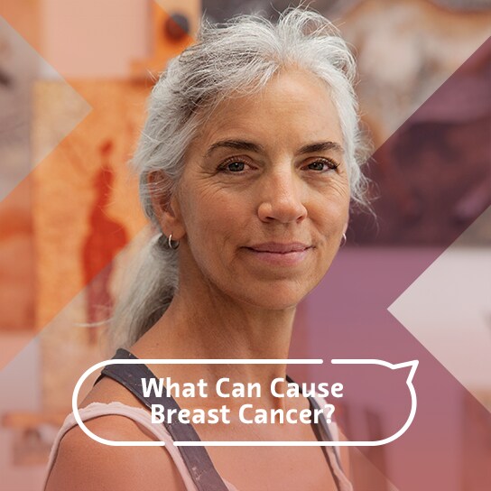 A portrait of a woman with grey hair and a title in a speech bubble that asks, "What causes breast cancer?"