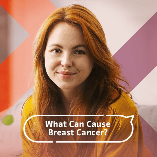 A portrait of a young woman with firey red hair and a title in a speech bubble that asks, "What causes breast cancer?"