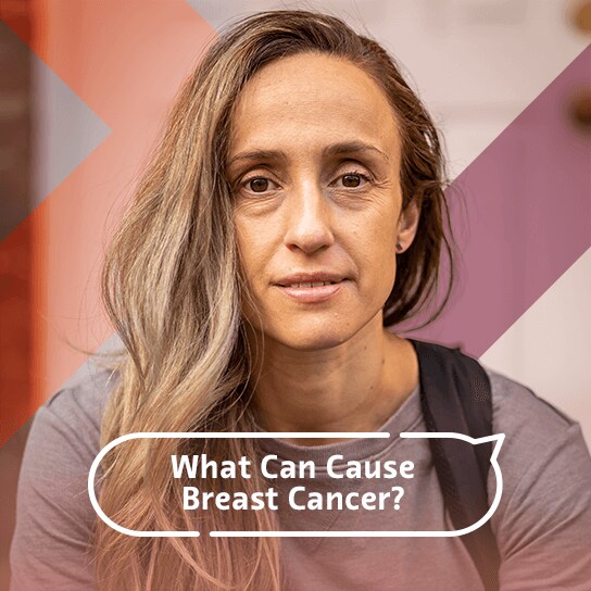 A portrait of a woman and a title in a speech bubble that asks, "What causes breast cancer?"
