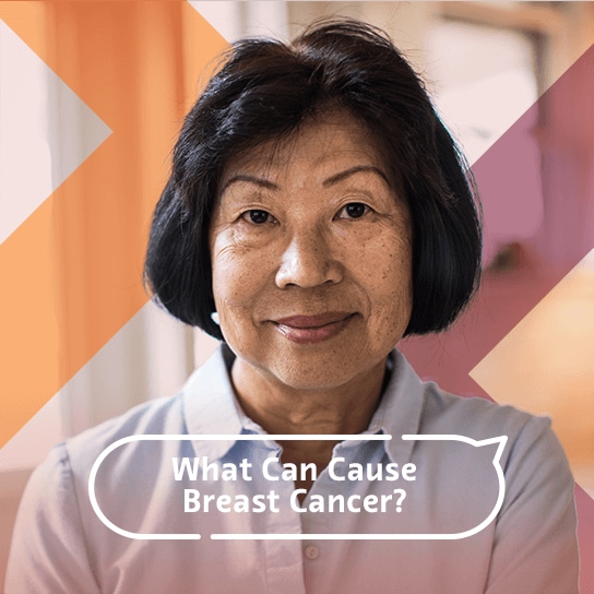 A portrait of a mature woman in a shirt and a title in a speech bubble that asks, "What causes breast cancer?"