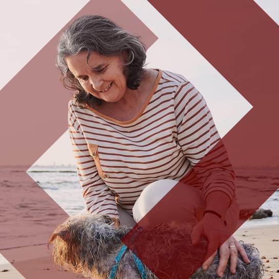 A portrait of a woman with grey hair and a title in a speech bubble that asks, "What causes breast cancer?"